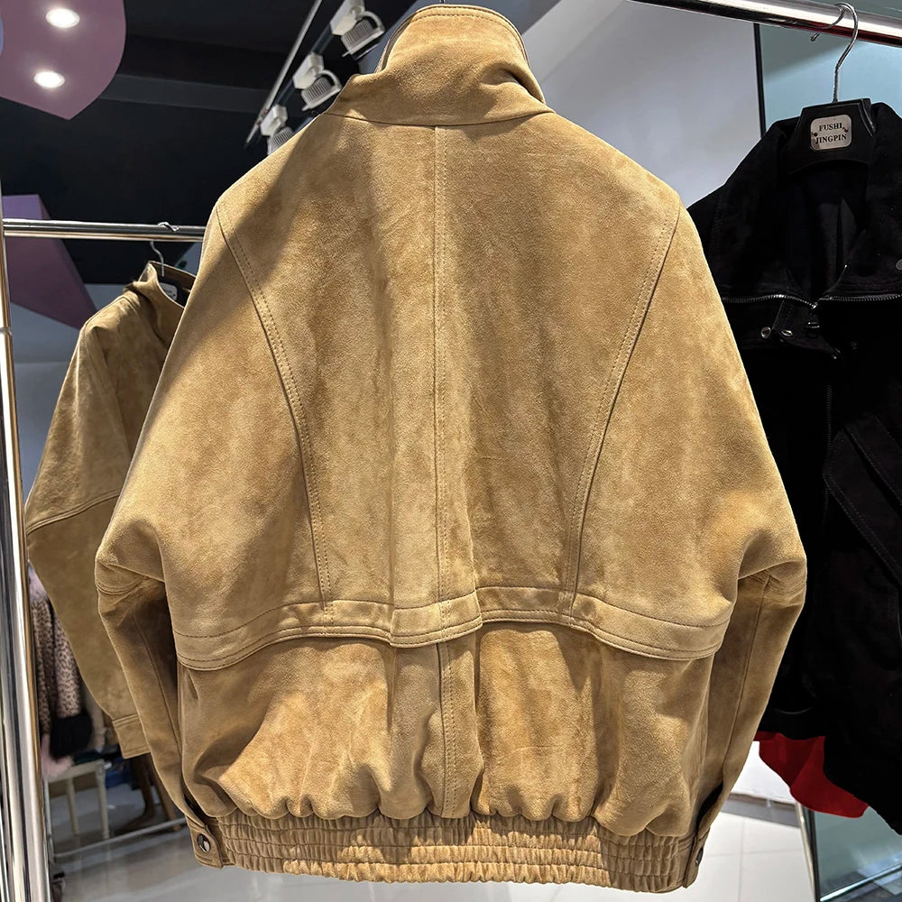 YOLOAgain Chocolate Brown Suede Jacket Women Real Leather Jacket Female