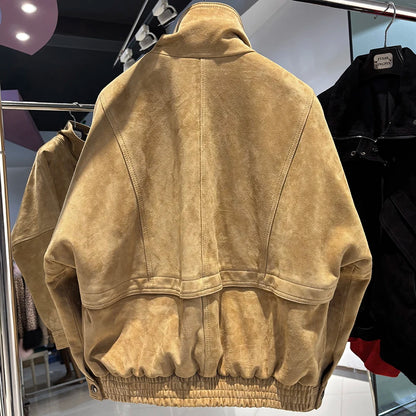 YOLOAgain Chocolate Brown Suede Jacket Women Real Leather Jacket Female