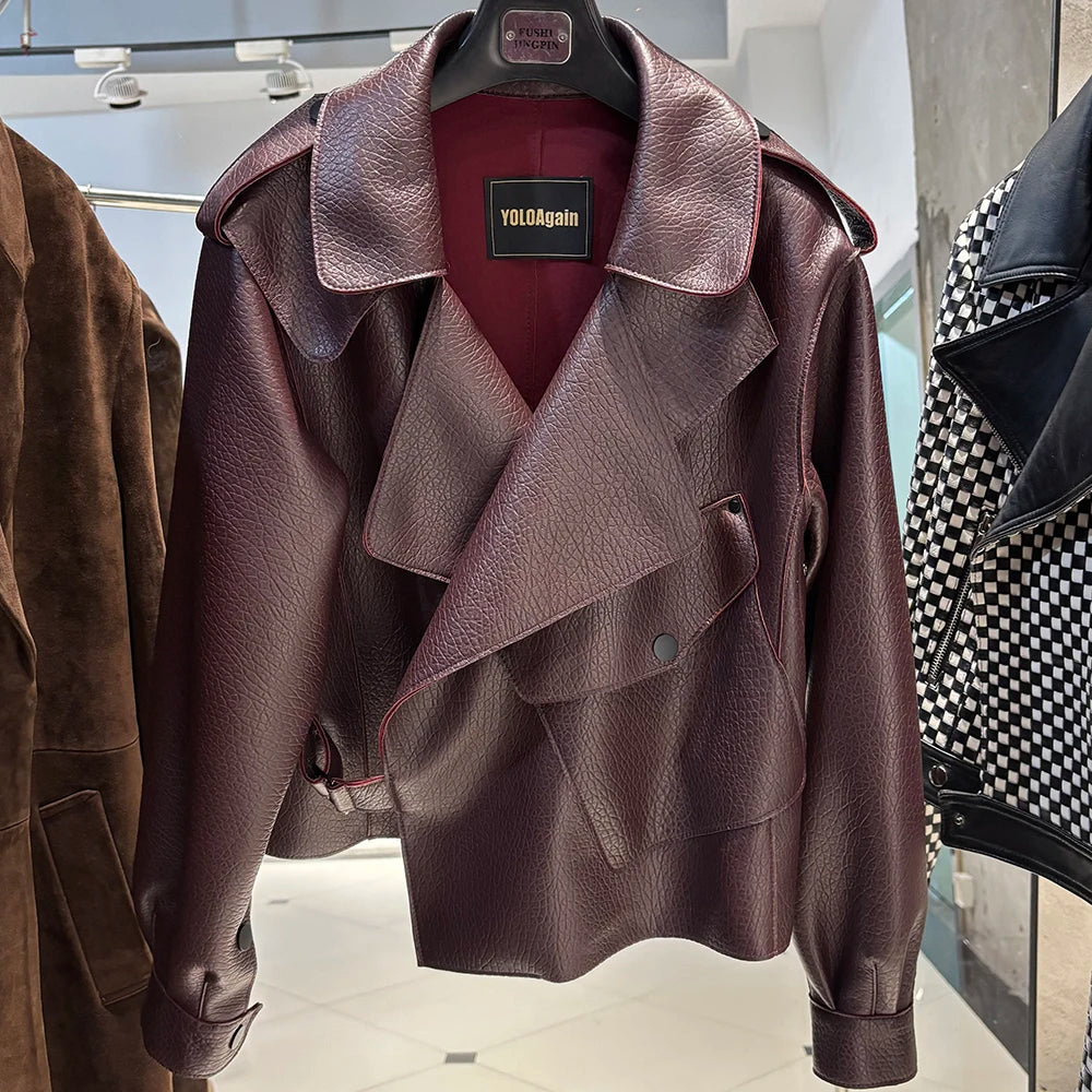 YOLOAgain 2025 Spring Loose Oversized Real Leather Jacket Women Streetwear
