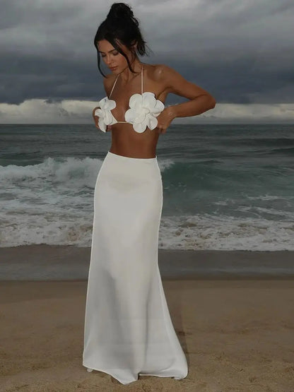 New Women Two Piece Set Skirt Suit 3D Flower Top Skirt Sleeveless Sweet Waist Chic Slit Skirt Beach Dance Robe
