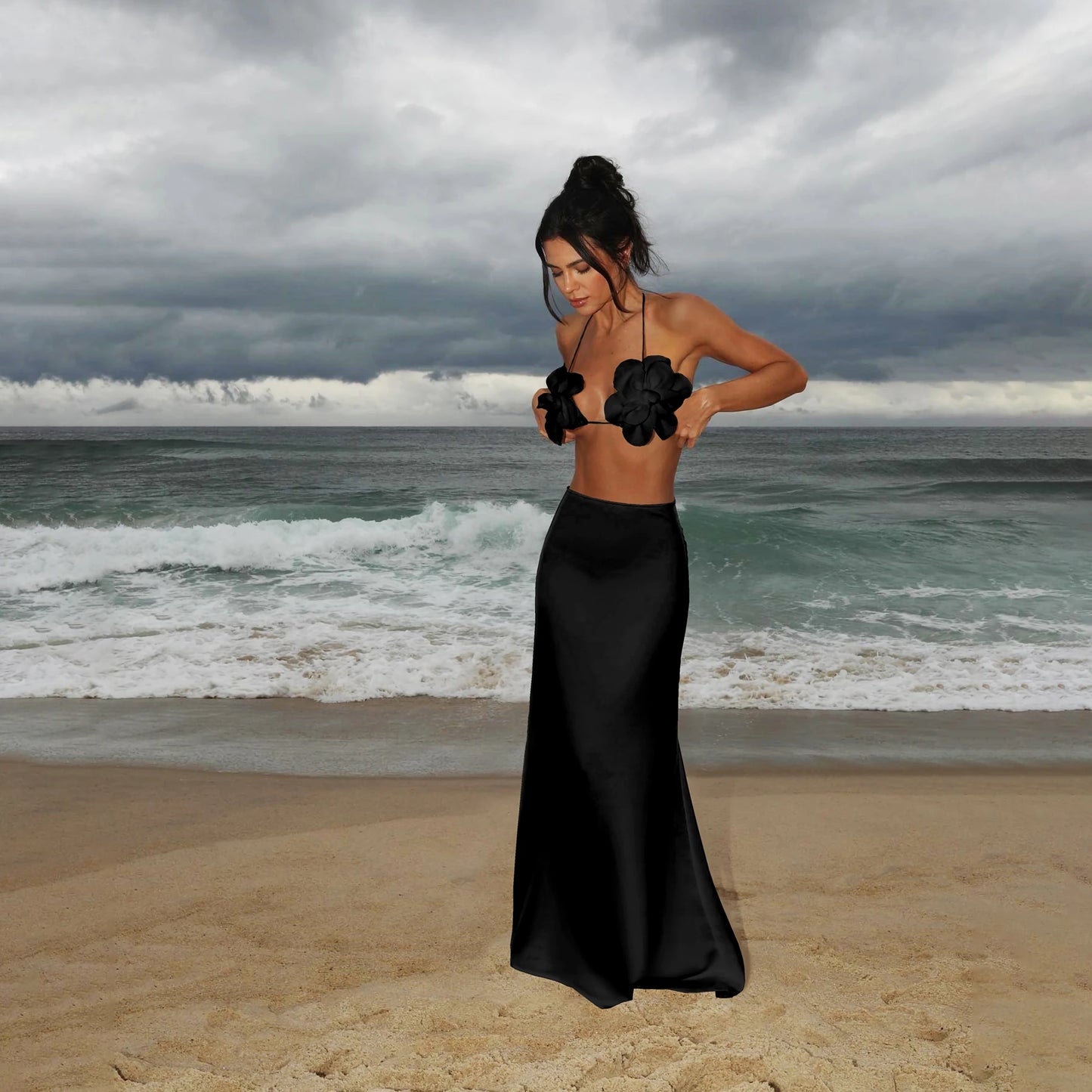 New Women Two Piece Set Skirt Suit 3D Flower Top Skirt Sleeveless Sweet Waist Chic Slit Skirt Beach Dance Robe