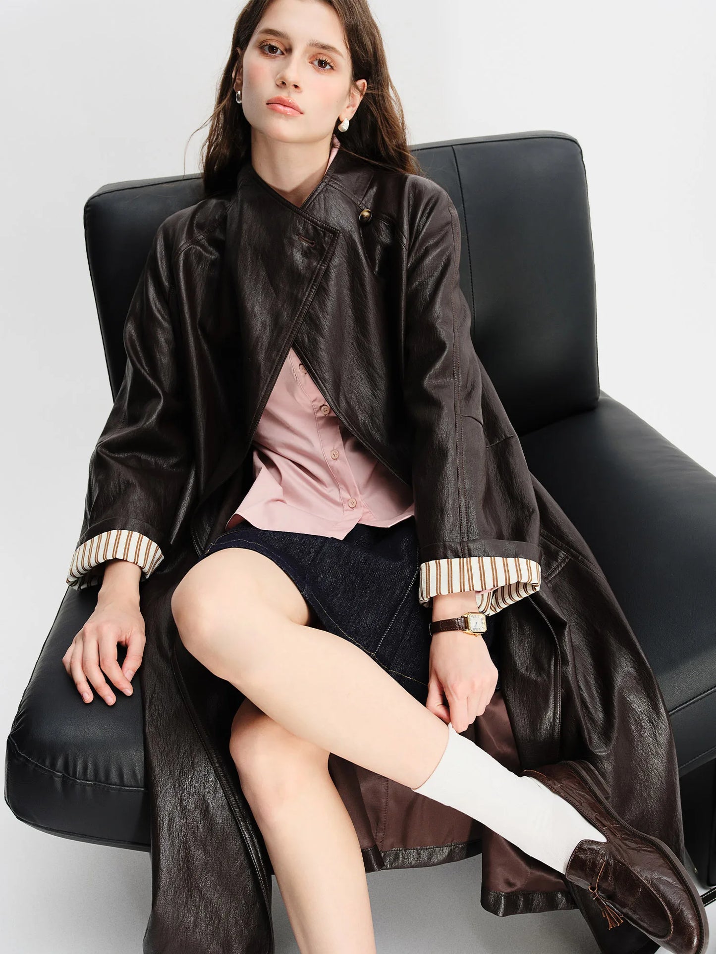 DUSHU Plus Size Women's [COCO MOUSSE] Protein Leather Stand-Up Collar Long Overcoat 2025 Autumn Stylish Leather Jacket