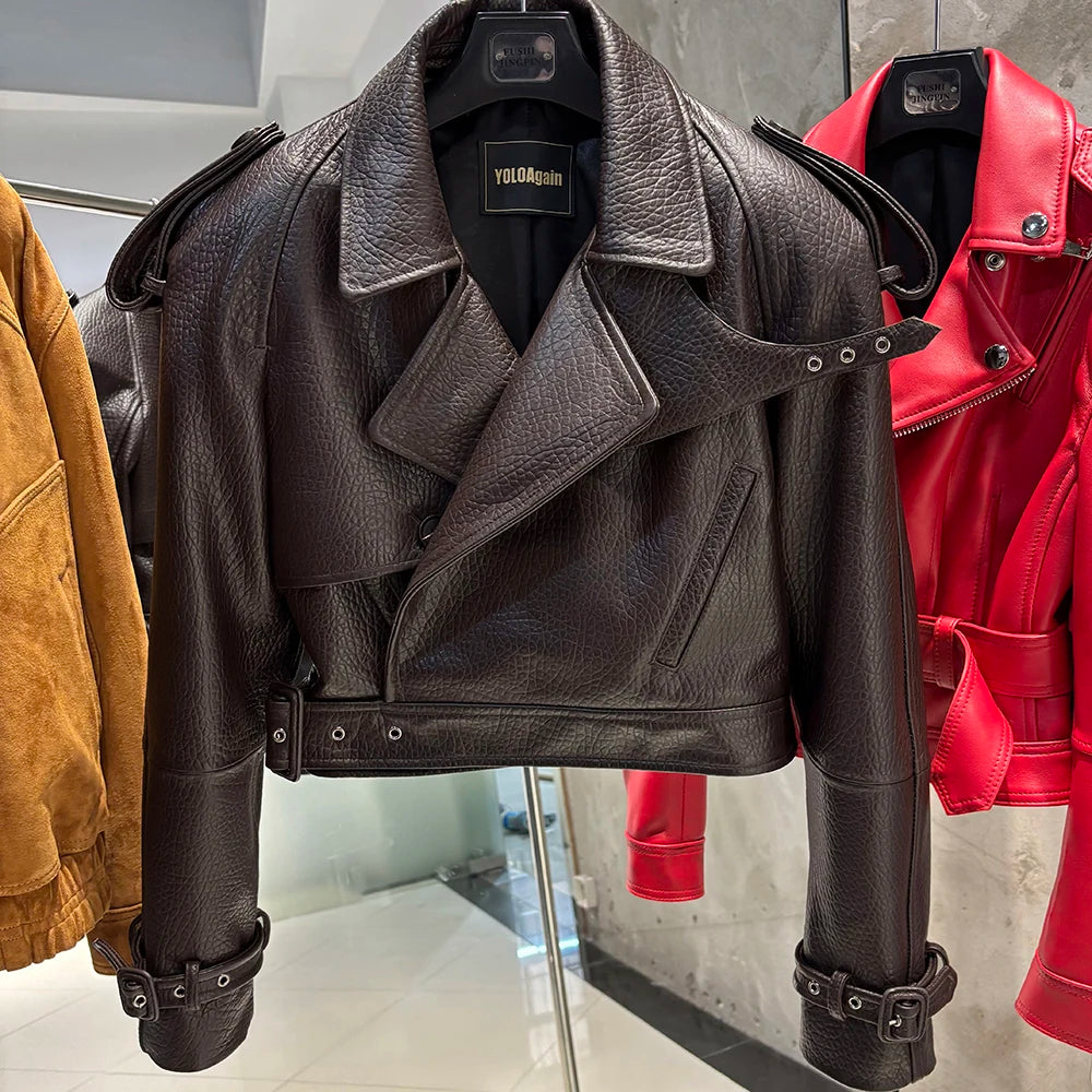 YOLOAgain Long Sleeve Dark Brown Suede Jacket Women Real Leather Jacket