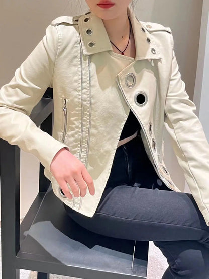 Black Short Leather Jacket 2026 Autumn New Women's Versatile Fashion Metal Circles Slim PU Leather Jackets Motorcycle tops