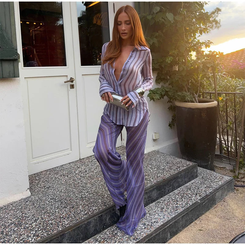 Collared Button Women's Front Sheer Vertical Stripe Two Piece Set Long Cuff Shirt High Waist Flared Wide Leg Long Pants 2026 New