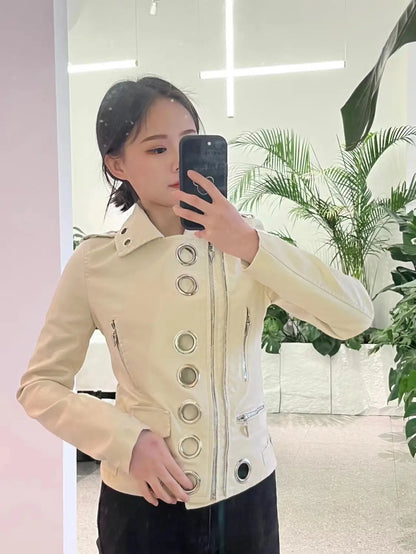 Black Short Leather Jacket 2026 Autumn New Women's Versatile Fashion Metal Circles Slim PU Leather Jackets Motorcycle tops