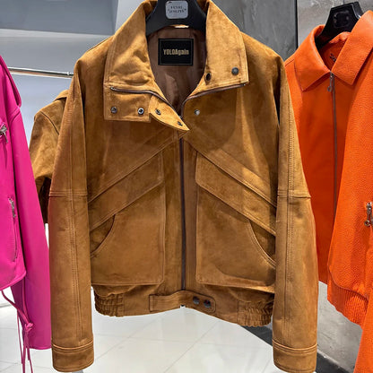 YOLOAgain Chocolate Brown Suede Jacket Women Real Leather Jacket Female