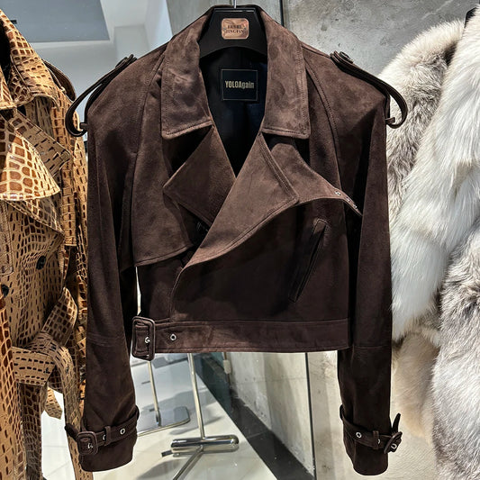 YOLOAgain Long Sleeve Dark Brown Suede Jacket Women Real Leather Jacket
