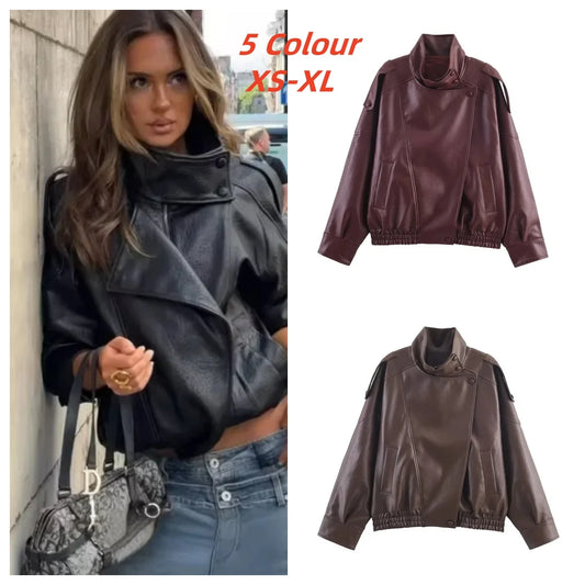 Women's Jacket Fall 2025 New Black Long Sleeve Pebble Faux Leather Jacket Motorcycle Style Personality Fashion