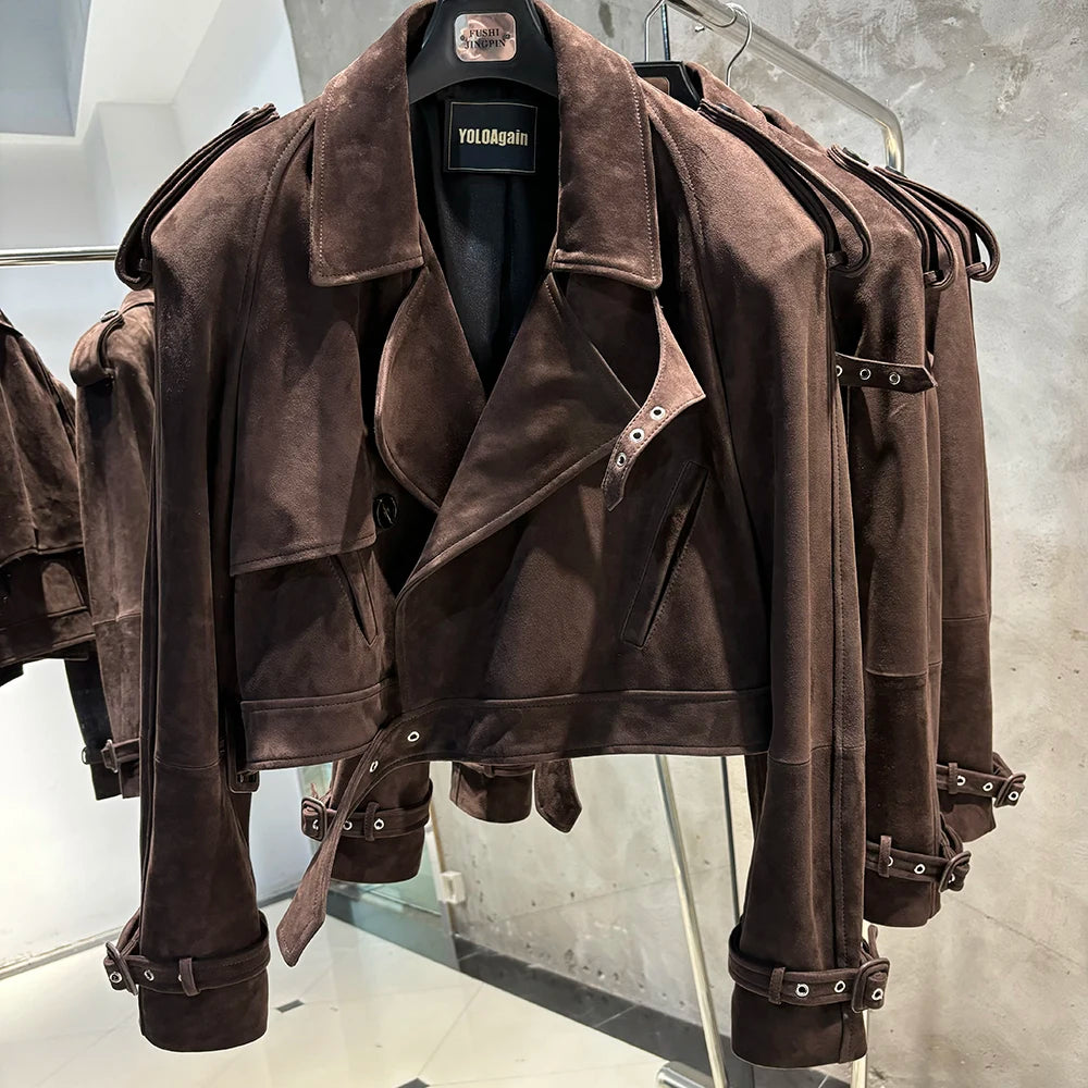 YOLOAgain Long Sleeve Dark Brown Suede Jacket Women Real Leather Jacket