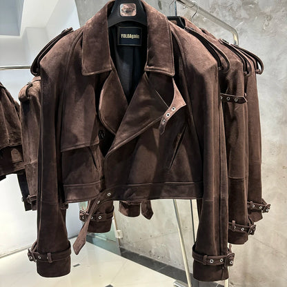 YOLOAgain Long Sleeve Dark Brown Suede Jacket Women Real Leather Jacket
