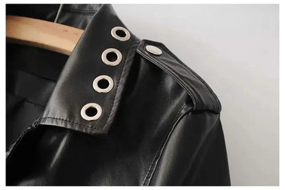Black Short Leather Jacket 2026 Autumn New Women's Versatile Fashion Metal Circles Slim PU Leather Jackets Motorcycle tops