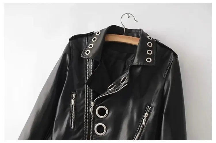 Black Short Leather Jacket 2026 Autumn New Women's Versatile Fashion Metal Circles Slim PU Leather Jackets Motorcycle tops