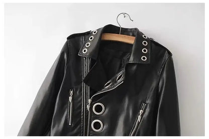 Black Short Leather Jacket 2026 Autumn New Women's Versatile Fashion Metal Circles Slim PU Leather Jackets Motorcycle tops