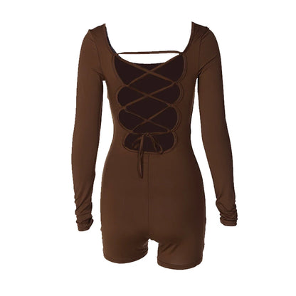 2025 Summer New Sexy Long-Sleeved U-Neck Tethered Straps Backless Butt-Lifting Yoga Jumpsuit Tight Women's Jumpsuit