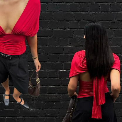 Sexy V Neck Tanks Top Women Backless Lace Up Ruched Crop Top Vest Tee Y2K Slim Club Party Top Hot Girl 2026 Summer New Tops
