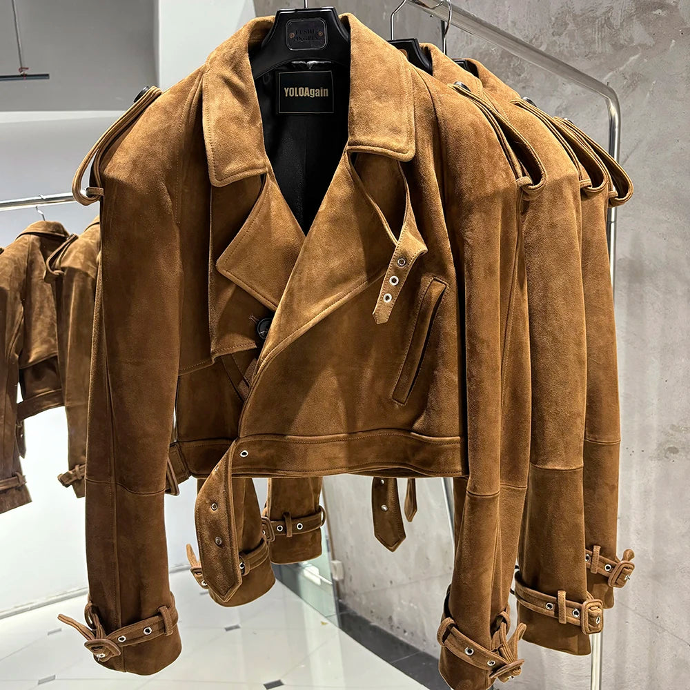 YOLOAgain Long Sleeve Dark Brown Suede Jacket Women Real Leather Jacket