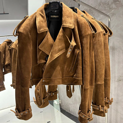 YOLOAgain Long Sleeve Dark Brown Suede Jacket Women Real Leather Jacket