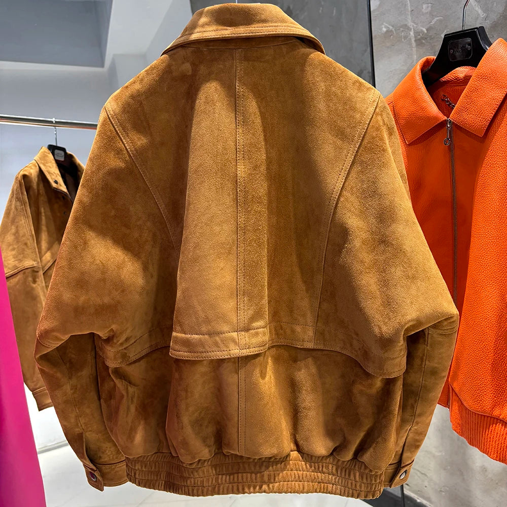 YOLOAgain Chocolate Brown Suede Jacket Women Real Leather Jacket Female