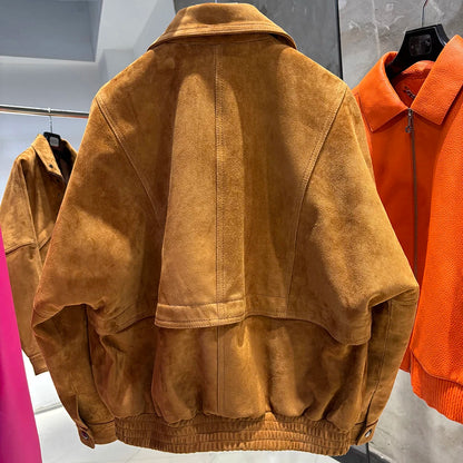 YOLOAgain Chocolate Brown Suede Jacket Women Real Leather Jacket Female