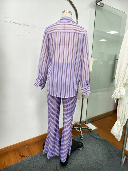 Collared Button Women's Front Sheer Vertical Stripe Two Piece Set Long Cuff Shirt High Waist Flared Wide Leg Long Pants 2026 New