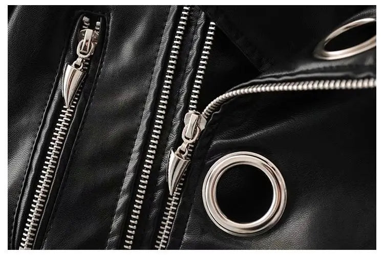 Black Short Leather Jacket 2026 Autumn New Women's Versatile Fashion Metal Circles Slim PU Leather Jackets Motorcycle tops