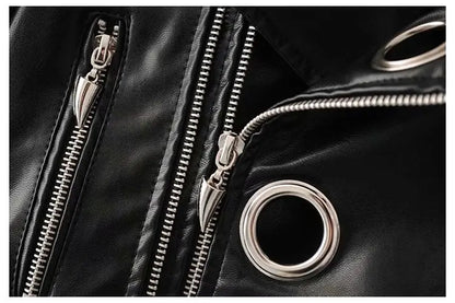 Black Short Leather Jacket 2026 Autumn New Women's Versatile Fashion Metal Circles Slim PU Leather Jackets Motorcycle tops