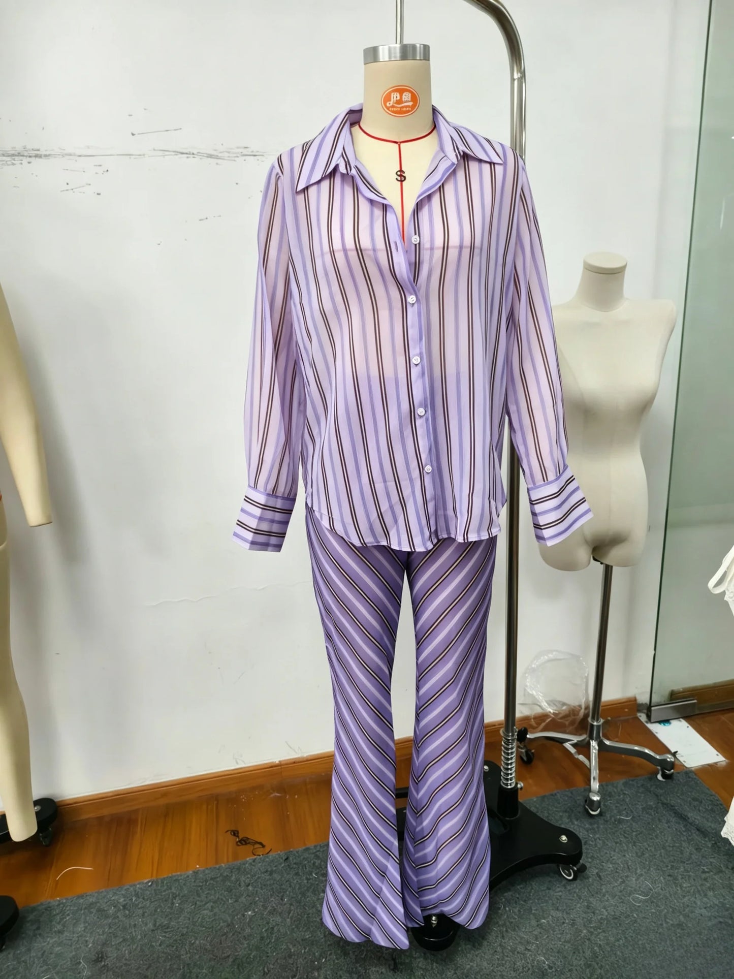 Collared Button Women's Front Sheer Vertical Stripe Two Piece Set Long Cuff Shirt High Waist Flared Wide Leg Long Pants 2026 New