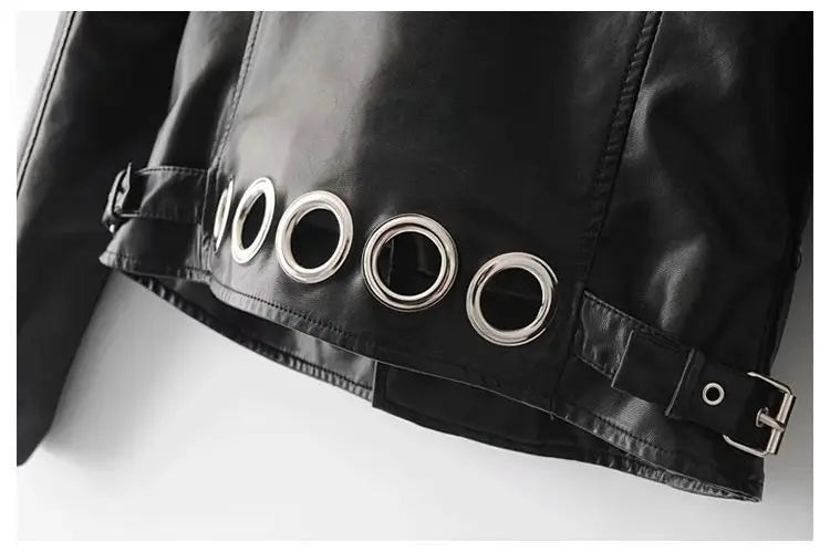 Black Short Leather Jacket 2026 Autumn New Women's Versatile Fashion Metal Circles Slim PU Leather Jackets Motorcycle tops
