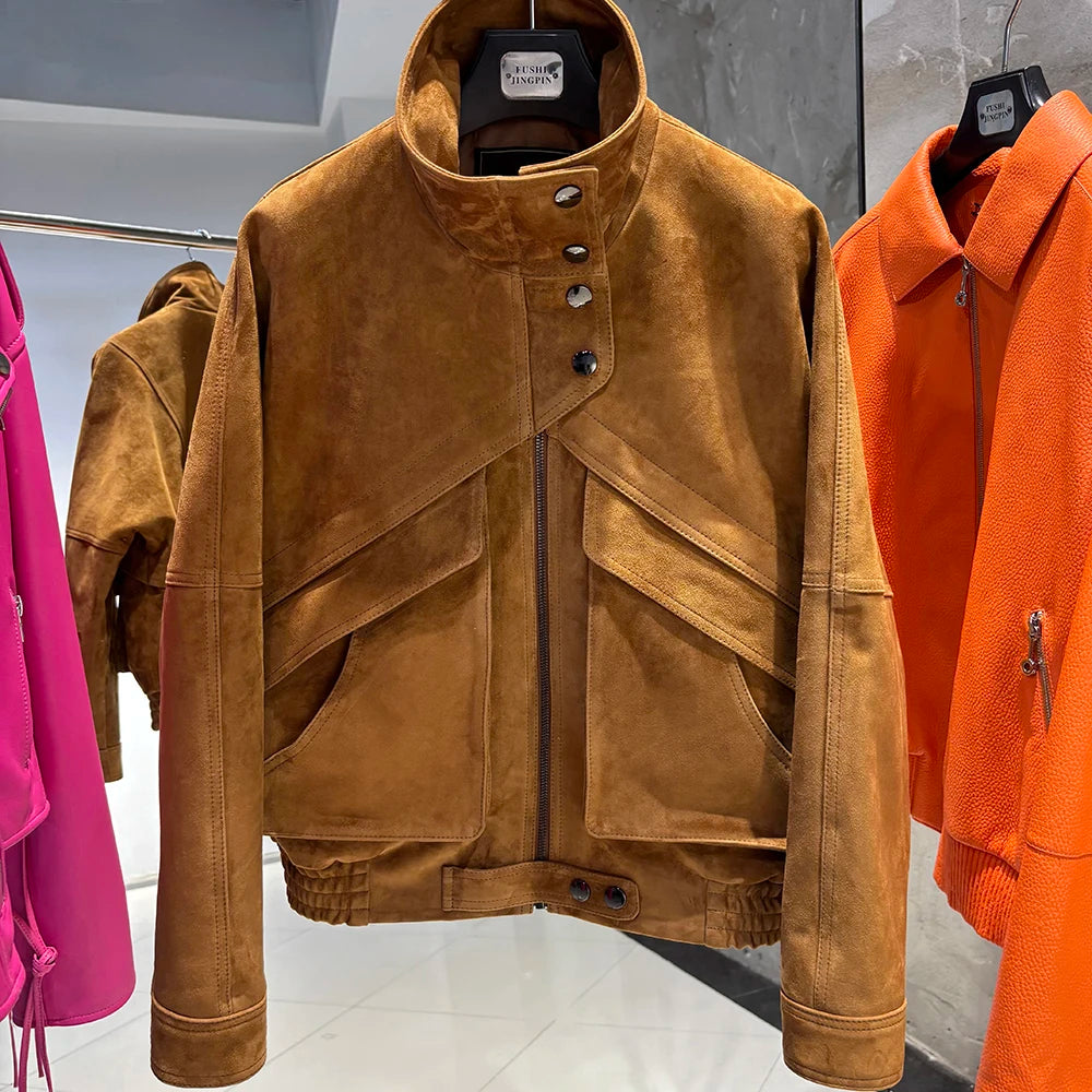 YOLOAgain Chocolate Brown Suede Jacket Women Real Leather Jacket Female