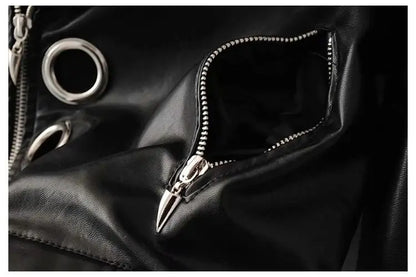 Black Short Leather Jacket 2026 Autumn New Women's Versatile Fashion Metal Circles Slim PU Leather Jackets Motorcycle tops