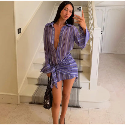 Collared Button Women's Front Sheer Vertical Stripe Two Piece Set Long Cuff Shirt High Waist Flared Wide Leg Long Pants 2026 New