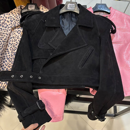 YOLOAgain Long Sleeve Dark Brown Suede Jacket Women Real Leather Jacket