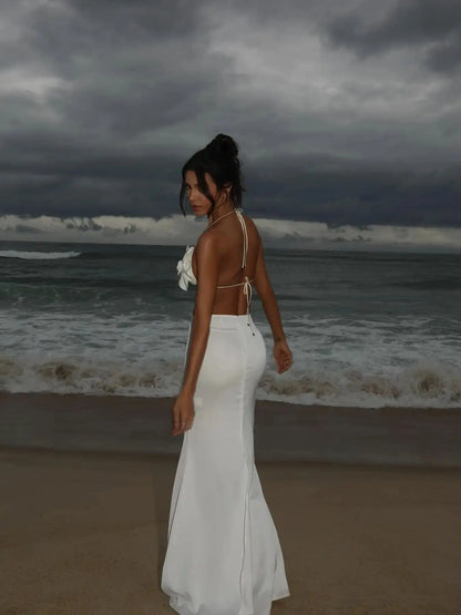 New Women Two Piece Set Skirt Suit 3D Flower Top Skirt Sleeveless Sweet Waist Chic Slit Skirt Beach Dance Robe