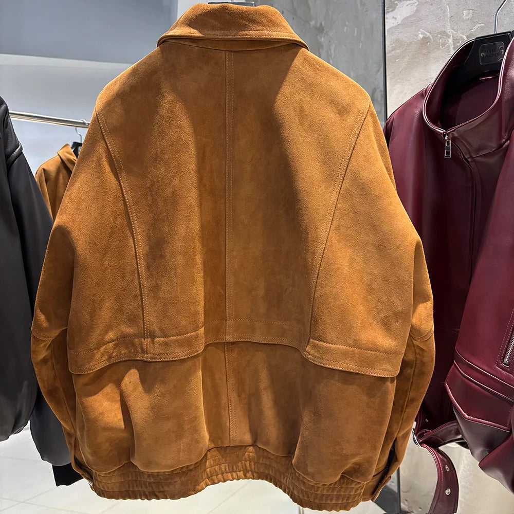 YOLOAgain Chocolate Brown Suede Jacket Women Real Leather Jacket Female