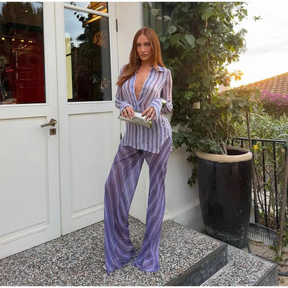 Collared Button Women's Front Sheer Vertical Stripe Two Piece Set Long Cuff Shirt High Waist Flared Wide Leg Long Pants 2026 New