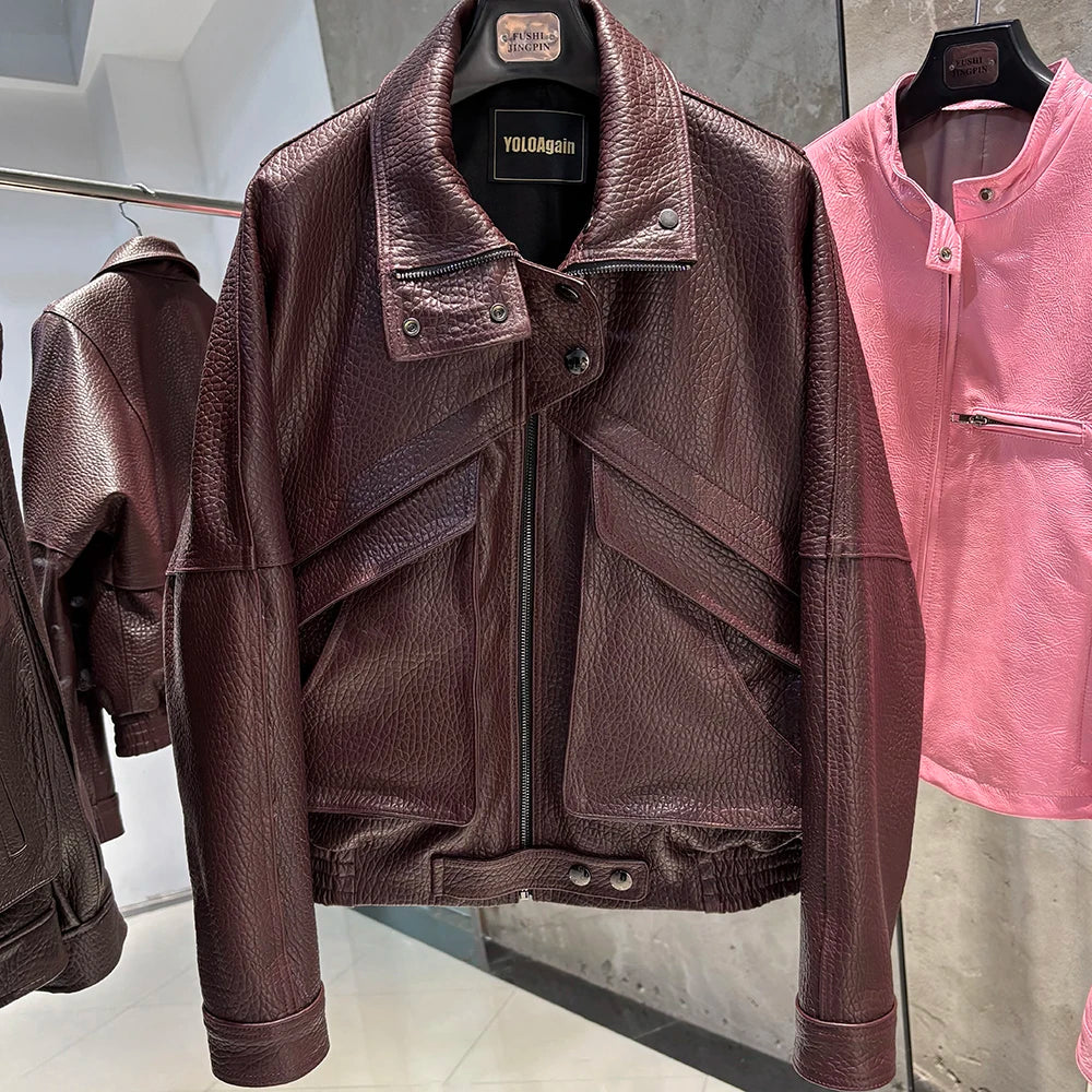 YOLOAgain Chocolate Brown Suede Jacket Women Real Leather Jacket Female