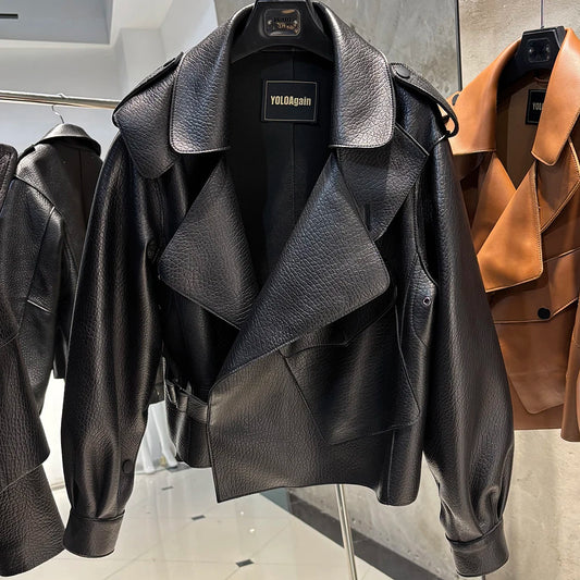 YOLOAgain 2025 Spring Loose Oversized Real Leather Jacket Women Streetwear