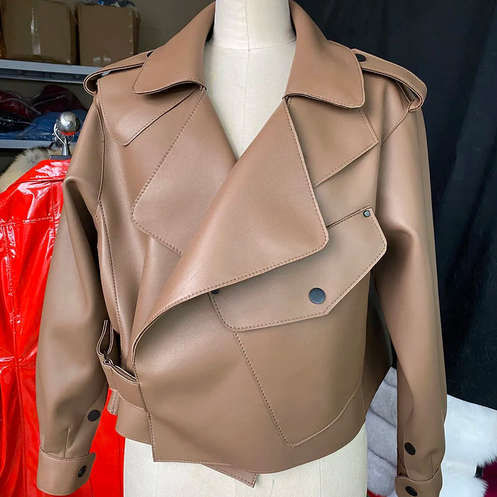 YOLOAgain 2025 Spring Loose Oversized Real Leather Jacket Women Streetwear