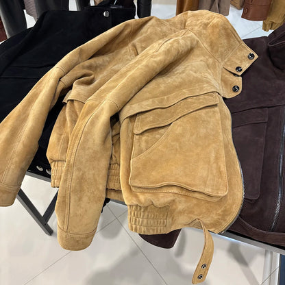 YOLOAgain Chocolate Brown Suede Jacket Women Real Leather Jacket Female