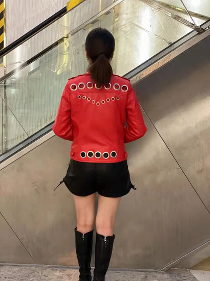 Black Short Leather Jacket 2026 Autumn New Women's Versatile Fashion Metal Circles Slim PU Leather Jackets Motorcycle tops