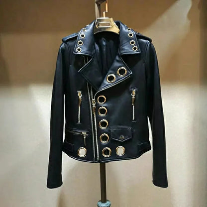 Black Short Leather Jacket 2026 Autumn New Women's Versatile Fashion Metal Circles Slim PU Leather Jackets Motorcycle tops