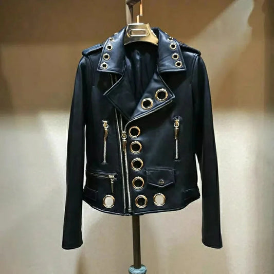 Black Short Leather Jacket 2026 Autumn New Women's Versatile Fashion Metal Circles Slim PU Leather Jackets Motorcycle tops