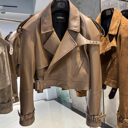YOLOAgain Long Sleeve Dark Brown Suede Jacket Women Real Leather Jacket