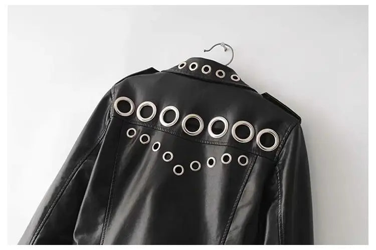 Black Short Leather Jacket 2026 Autumn New Women's Versatile Fashion Metal Circles Slim PU Leather Jackets Motorcycle tops