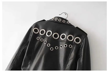 Black Short Leather Jacket 2026 Autumn New Women's Versatile Fashion Metal Circles Slim PU Leather Jackets Motorcycle tops