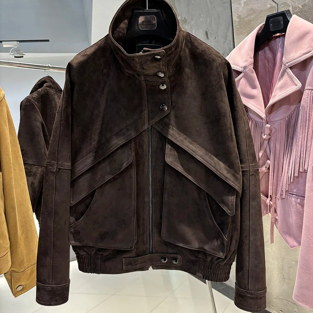 YOLOAgain Chocolate Brown Suede Jacket Women Real Leather Jacket Female