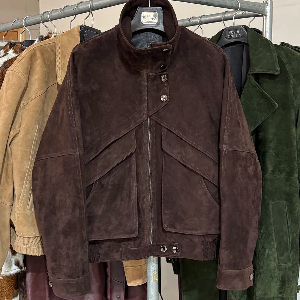 YOLOAgain Chocolate Brown Suede Jacket Women Real Leather Jacket Female