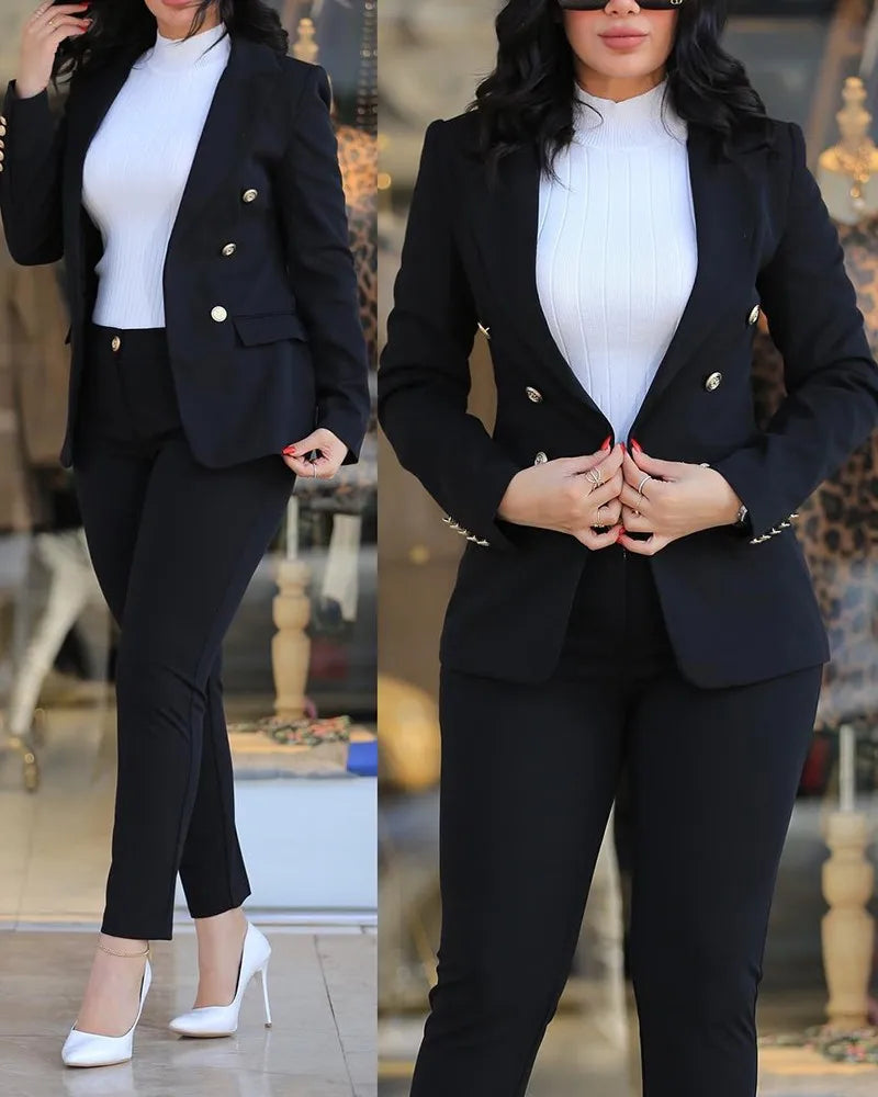 2Pcs Women's Solid Color Suit + Trousers Two-Piece Set Slim Fit Business Fashion Double Breasted Formal Female Clothes Outfit