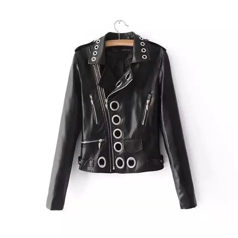 Black Short Leather Jacket 2026 Autumn New Women's Versatile Fashion Metal Circles Slim PU Leather Jackets Motorcycle tops